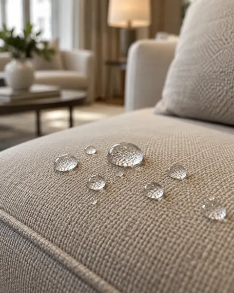 Gotas de água sobre tecido bege impermeabilizado de sofá